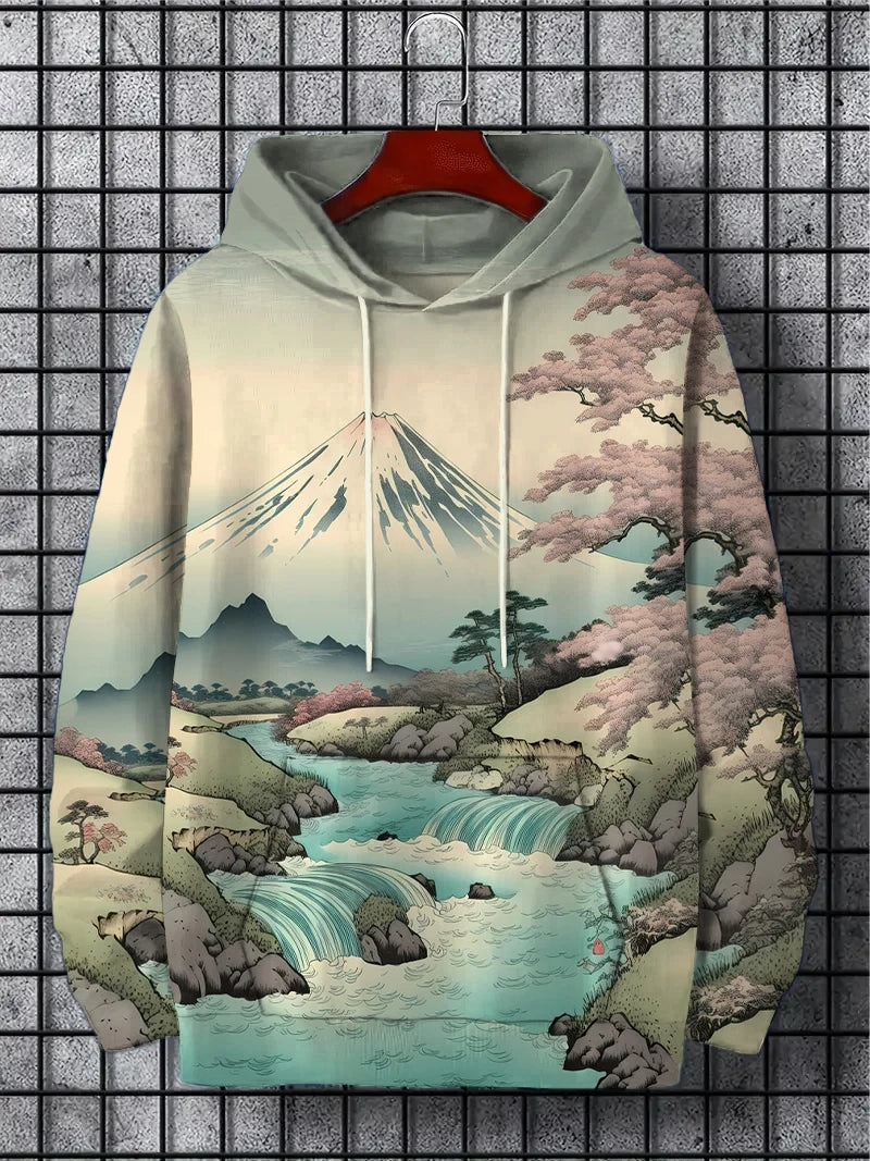 interesting Harajuku fashion design casual men's hoodie w/ autumn and winter natural scenery pattern