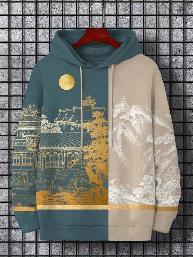 interesting Harajuku fashion design casual men's hoodie w/ autumn and winter natural scenery pattern
