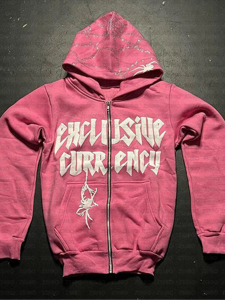 Diamond Printed Spider Hoodie Gothic Rhinestone