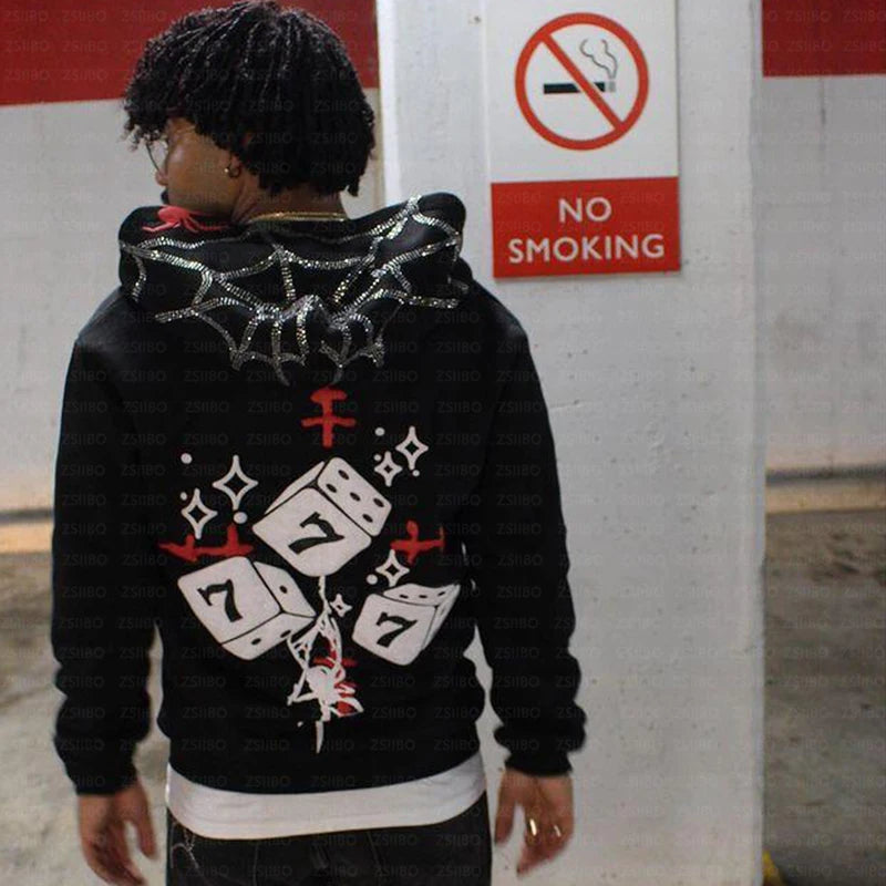 Diamond Printed Spider Hoodie Gothic Rhinestone