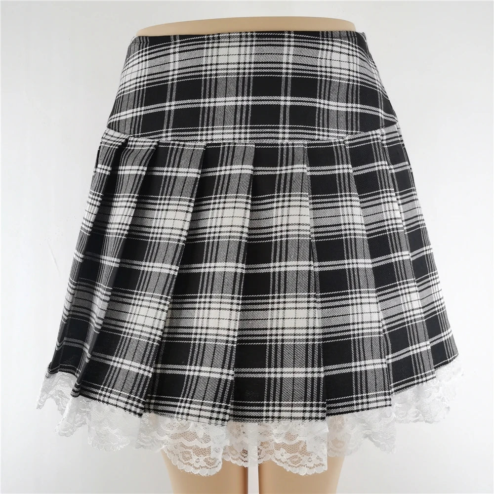 Lace Plaid Pleated Skirt Vintage Harajuku Gothic Punk England Style Sexy Skater Clothes