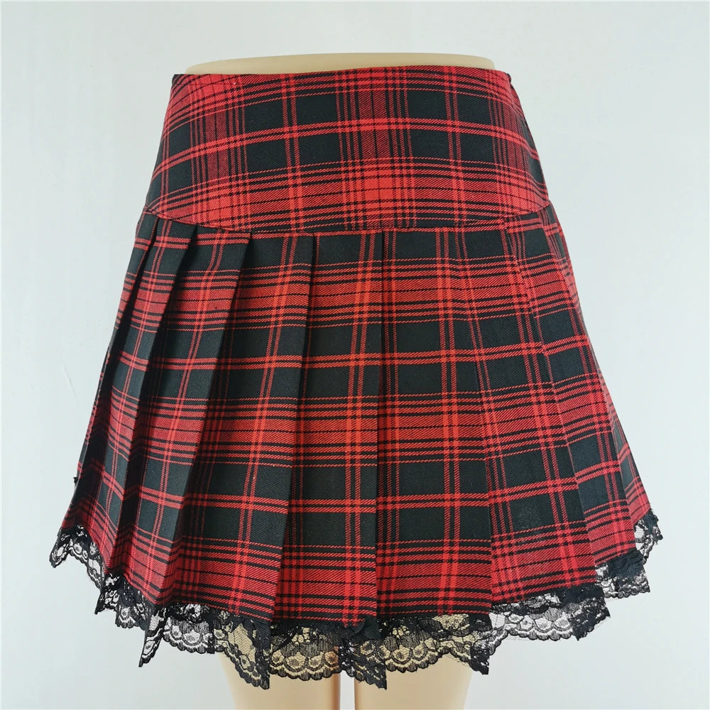 Lace Plaid Pleated Skirt Vintage Harajuku Gothic Punk England Style Sexy Skater Clothes