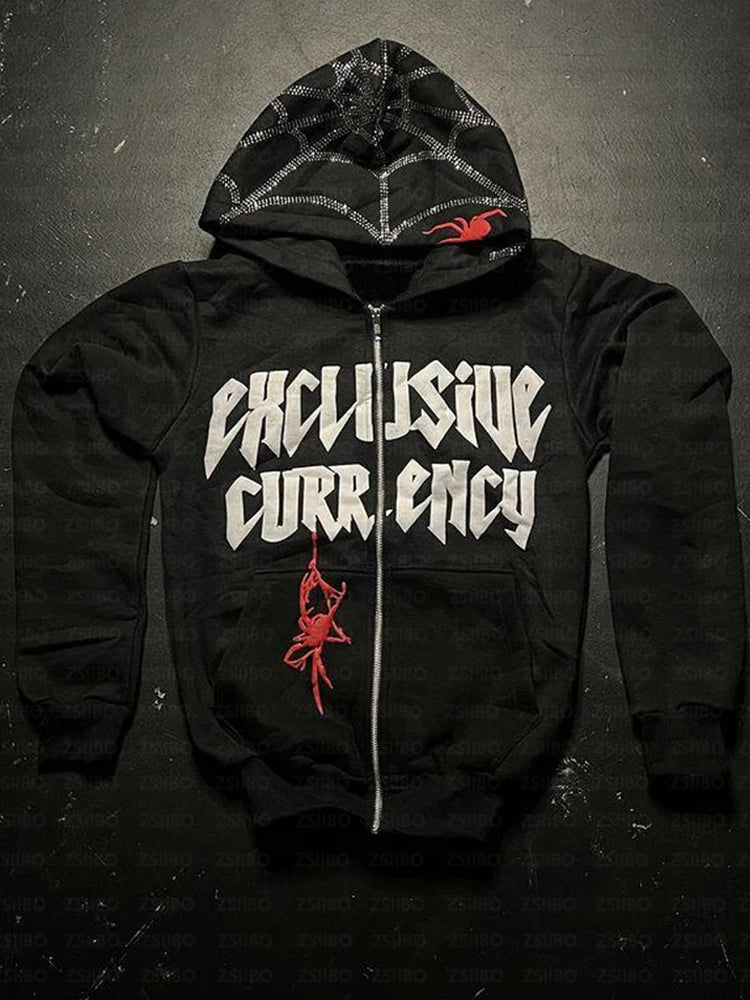 Diamond Printed Spider Hoodie Gothic Rhinestone