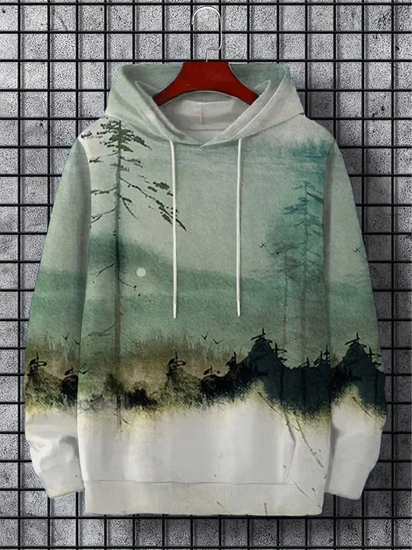 interesting Harajuku fashion design casual men's hoodie w/ autumn and winter natural scenery pattern