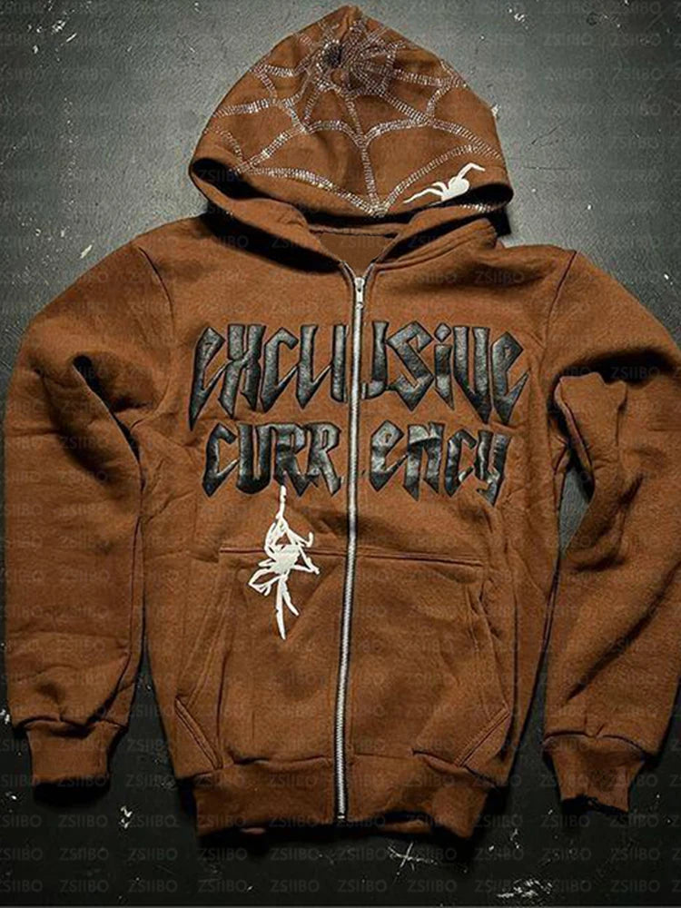 Diamond Printed Spider Hoodie Gothic Rhinestone