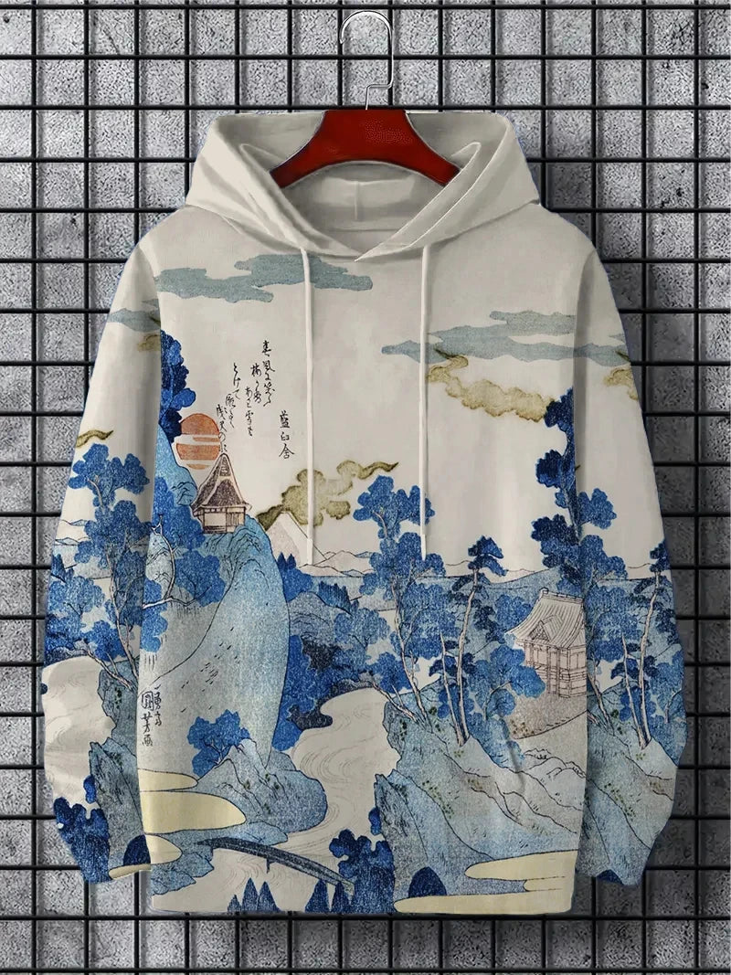interesting Harajuku fashion design casual men's hoodie w/ autumn and winter natural scenery pattern