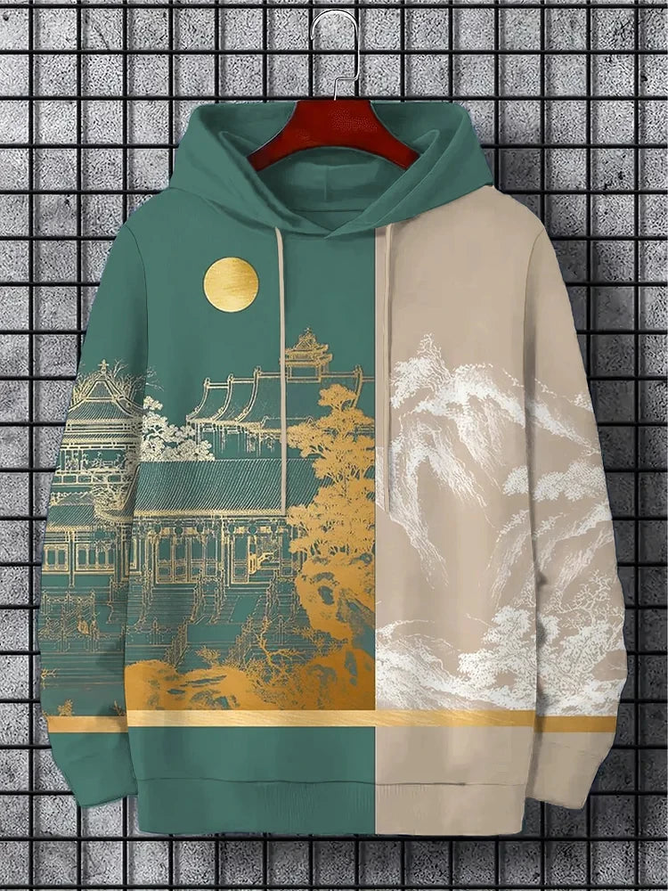 interesting Harajuku fashion design casual men's hoodie w/ autumn and winter natural scenery pattern