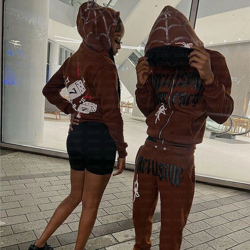 Diamond Printed Spider Hoodie Gothic Rhinestone