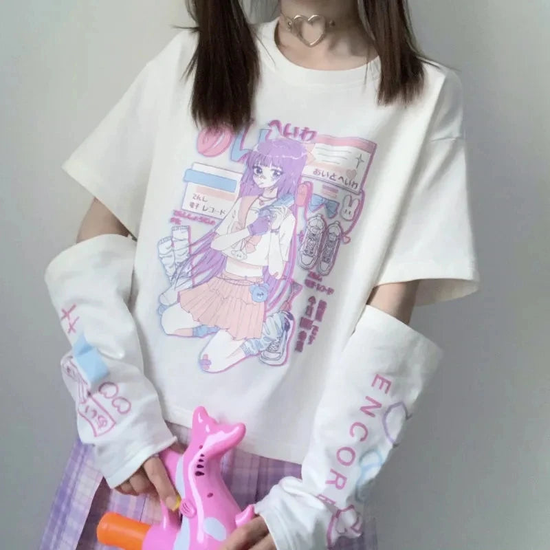 E Girl Anime Tshirt With Arm Cover Harajuku Kawaii Summer Tops