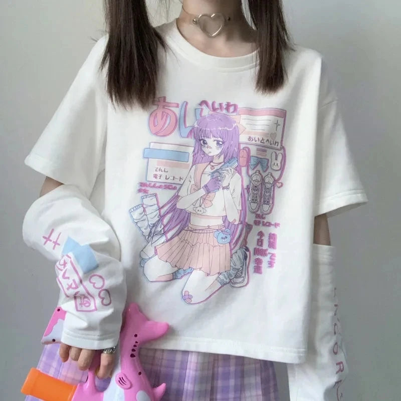E Girl Anime Tshirt With Arm Cover Harajuku Kawaii Summer Tops