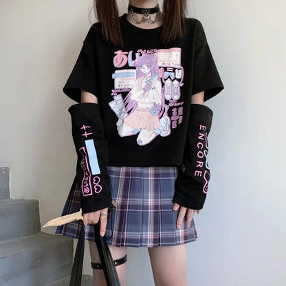 E Girl Anime Tshirt With Arm Cover Harajuku Kawaii Summer Tops