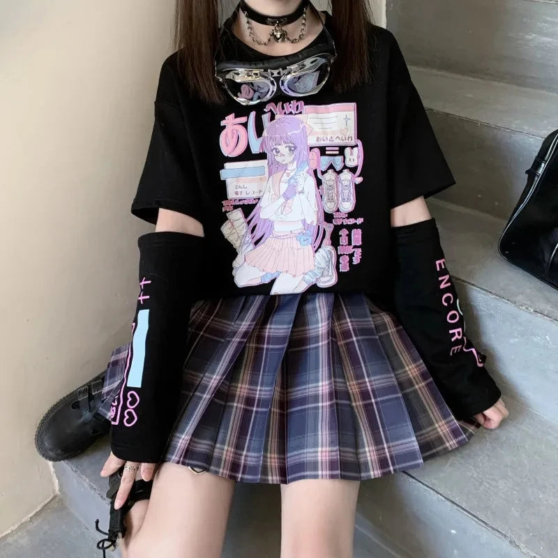 E Girl Anime Tshirt With Arm Cover Harajuku Kawaii Summer Tops