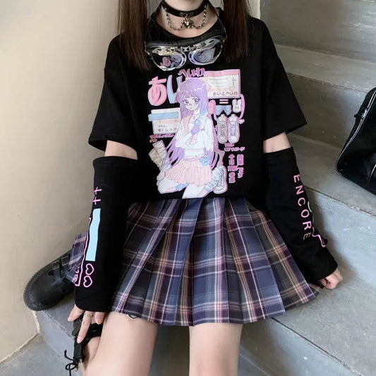 E Girl Anime Tshirt With Arm Cover Harajuku Kawaii Summer Tops