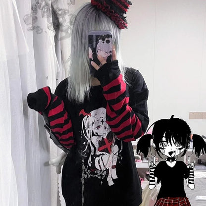 kawaii Cartoon Anime Print Hot Girl long-sleeved striped fake two-piece top