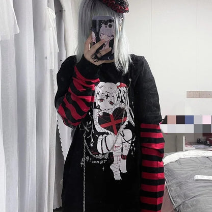 kawaii Cartoon Anime Print Hot Girl long-sleeved striped fake two-piece top