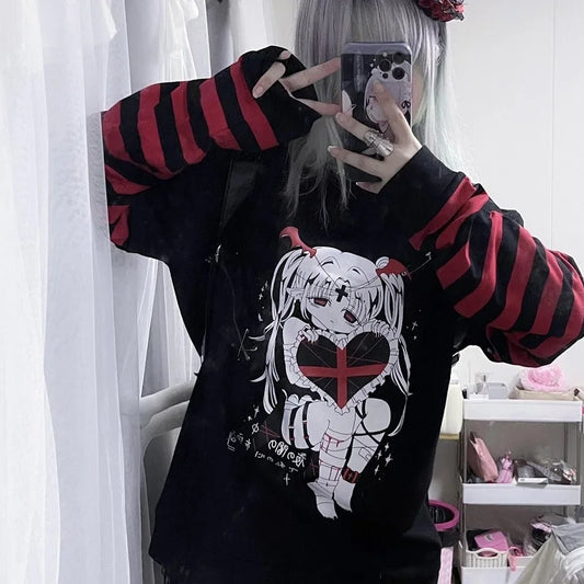 kawaii Cartoon Anime Print Hot Girl long-sleeved striped fake two-piece top