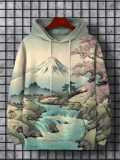interesting Harajuku fashion design casual men's hoodie w/ autumn and winter natural scenery pattern