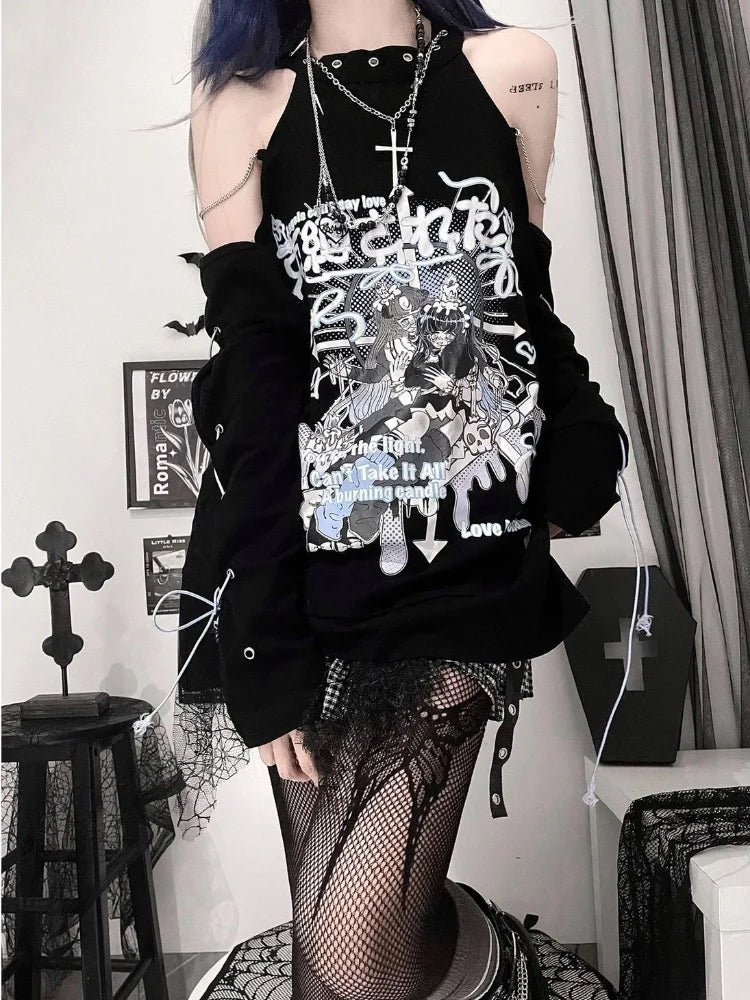 Gothic Harajuku Anime T-shirts Punk Bandage Off Shoulder Tees