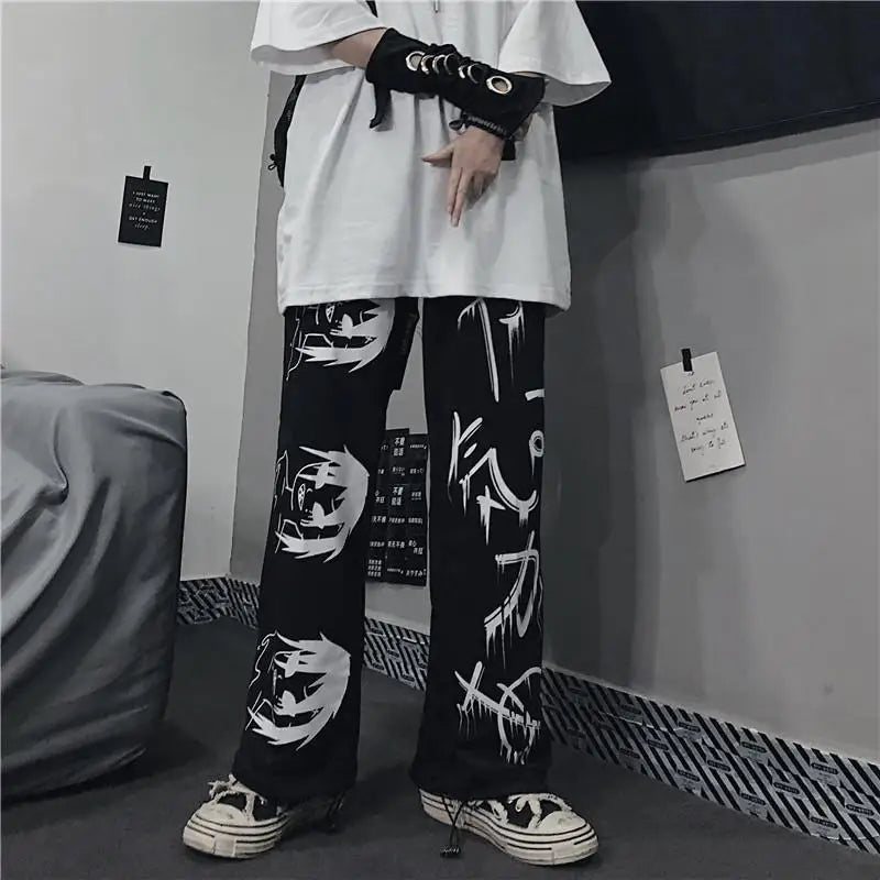 Black Harajuku printed anime sweatpants