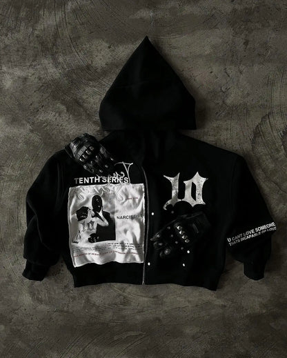 Harajuku Gothic Patchwork Embroidered Oversized Hoodies Retro Black Sweatshirts