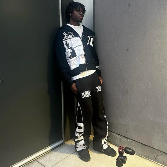 Harajuku Gothic Patchwork Embroidered Oversized Hoodies Retro Black Sweatshirts