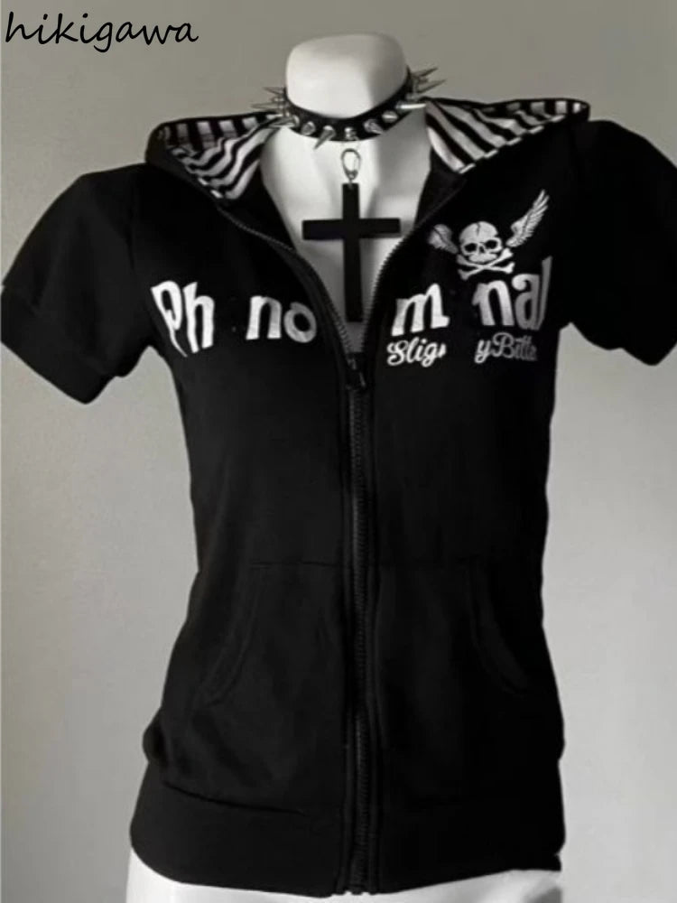 Women's Hoodie Skull Print Short Sleeve Zipper Sweatshirts
