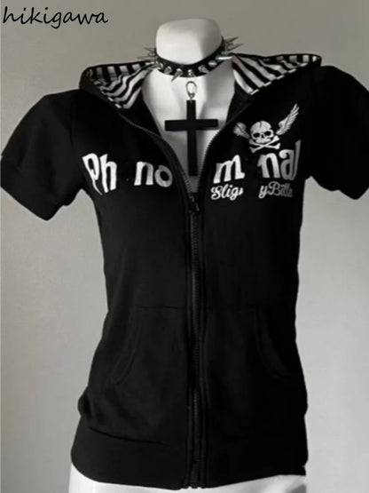 Women's Hoodie Skull Print Short Sleeve Zipper Sweatshirts