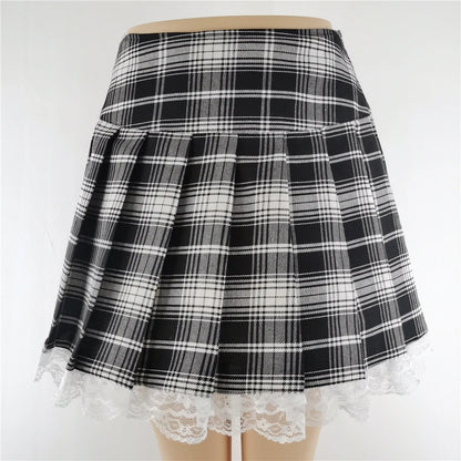 Lace Plaid Pleated Skirt Vintage Harajuku Gothic Punk England Style Sexy Skater Clothes