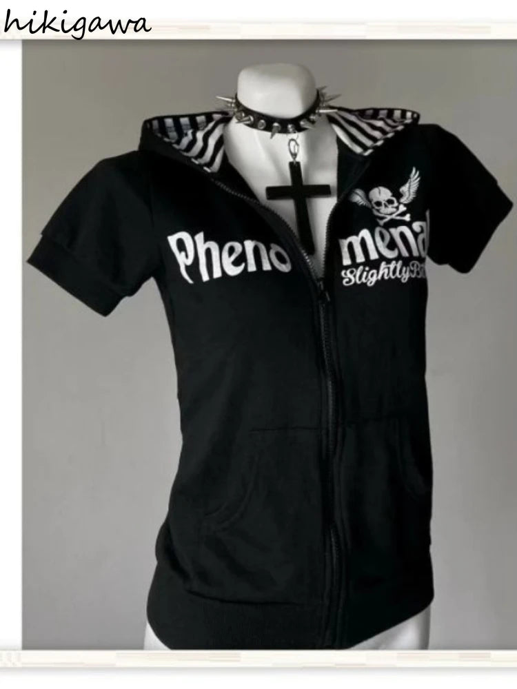 Women's Hoodie Skull Print Short Sleeve Zipper Sweatshirts