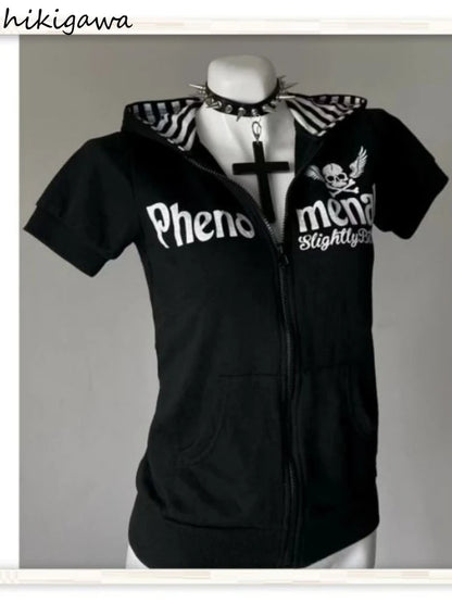 Women's Hoodie Skull Print Short Sleeve Zipper Sweatshirts