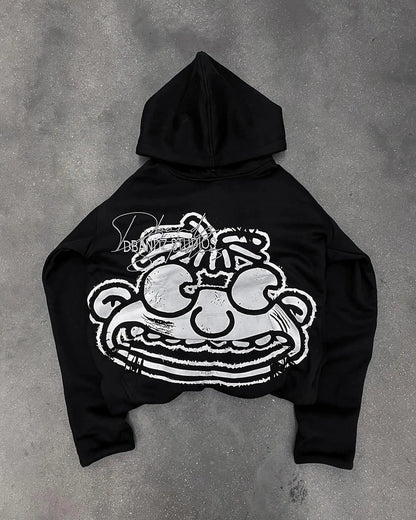 Harajuku Gothic Patchwork Embroidered Oversized Hoodies Retro Black Sweatshirts