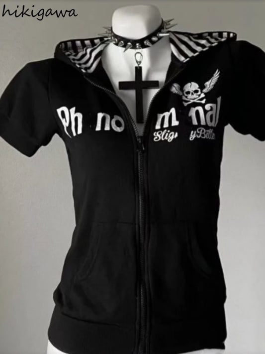 Women's Hoodie Skull Print Short Sleeve Zipper Sweatshirts