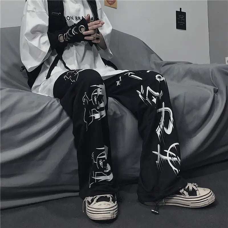 Black Harajuku printed anime sweatpants