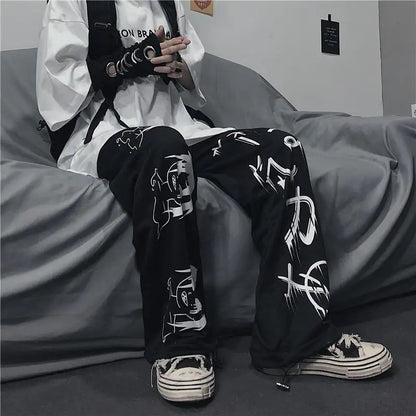 Black Harajuku printed anime sweatpants