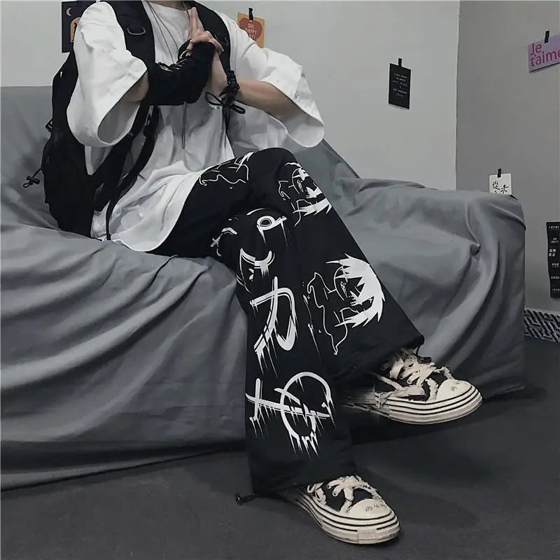 Black Harajuku printed anime sweatpants