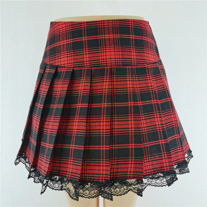 Lace Plaid Pleated Skirt Vintage Harajuku Gothic Punk England Style Sexy Skater Clothes