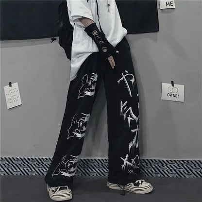 Black Harajuku printed anime sweatpants