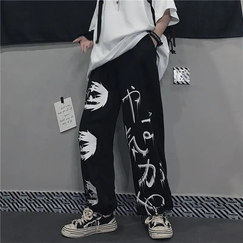 Black Harajuku printed anime sweatpants