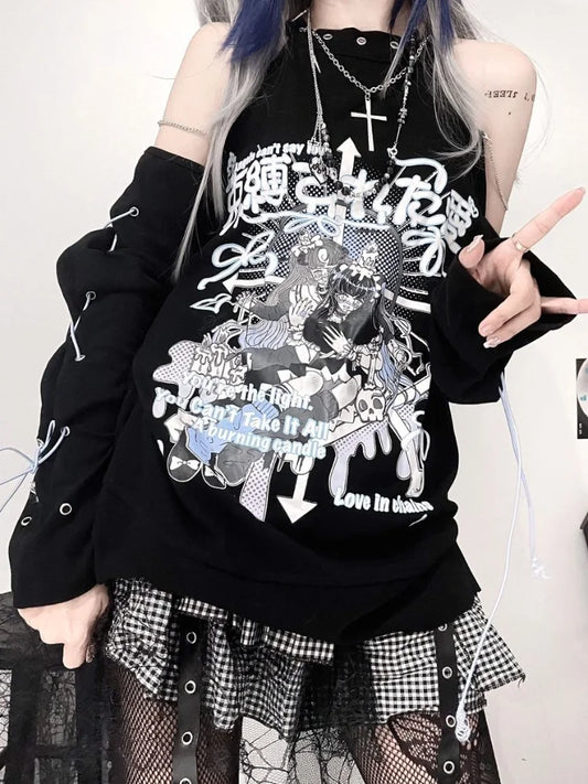 Gothic Harajuku Anime T-shirts Punk Bandage Off Shoulder Tees