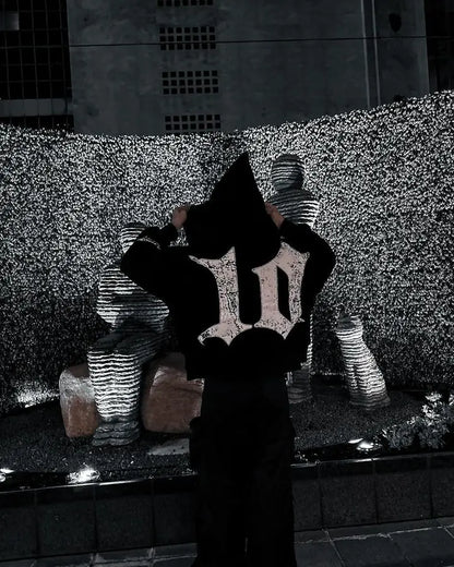 Harajuku Gothic Patchwork Embroidered Oversized Hoodies Retro Black Sweatshirts