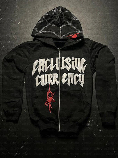 Diamond Printed Spider Hoodie Gothic Rhinestone