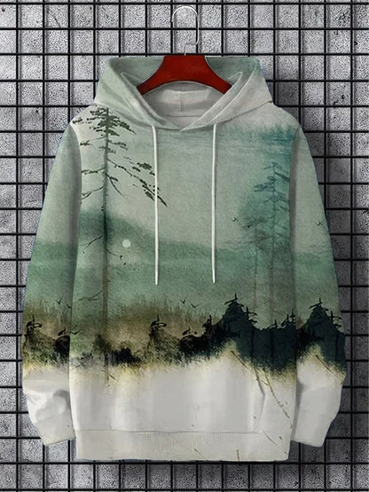 interesting Harajuku fashion design casual men's hoodie w/ autumn and winter natural scenery pattern