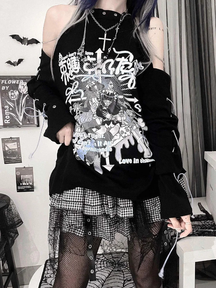 Gothic Harajuku Anime T-shirts Punk Bandage Off Shoulder Tees