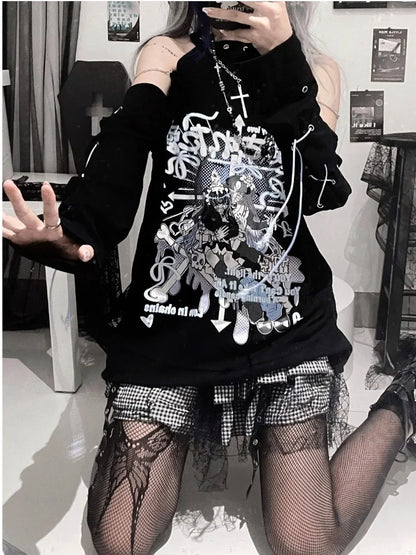 Gothic Harajuku Anime T-shirts Punk Bandage Off Shoulder Tees