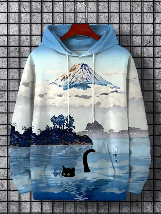 interesting Harajuku fashion design casual men's hoodie w/ autumn and winter natural scenery pattern